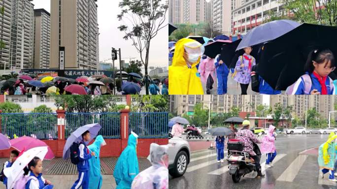 学生上学，下雨天上学，多镜头多角度多方位