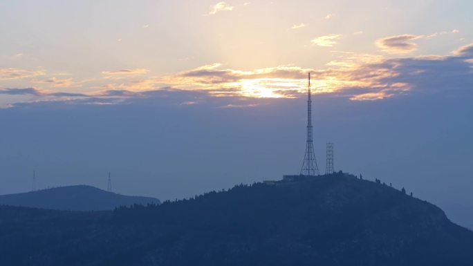 航拍枣庄圣土山电视塔朝霞满天