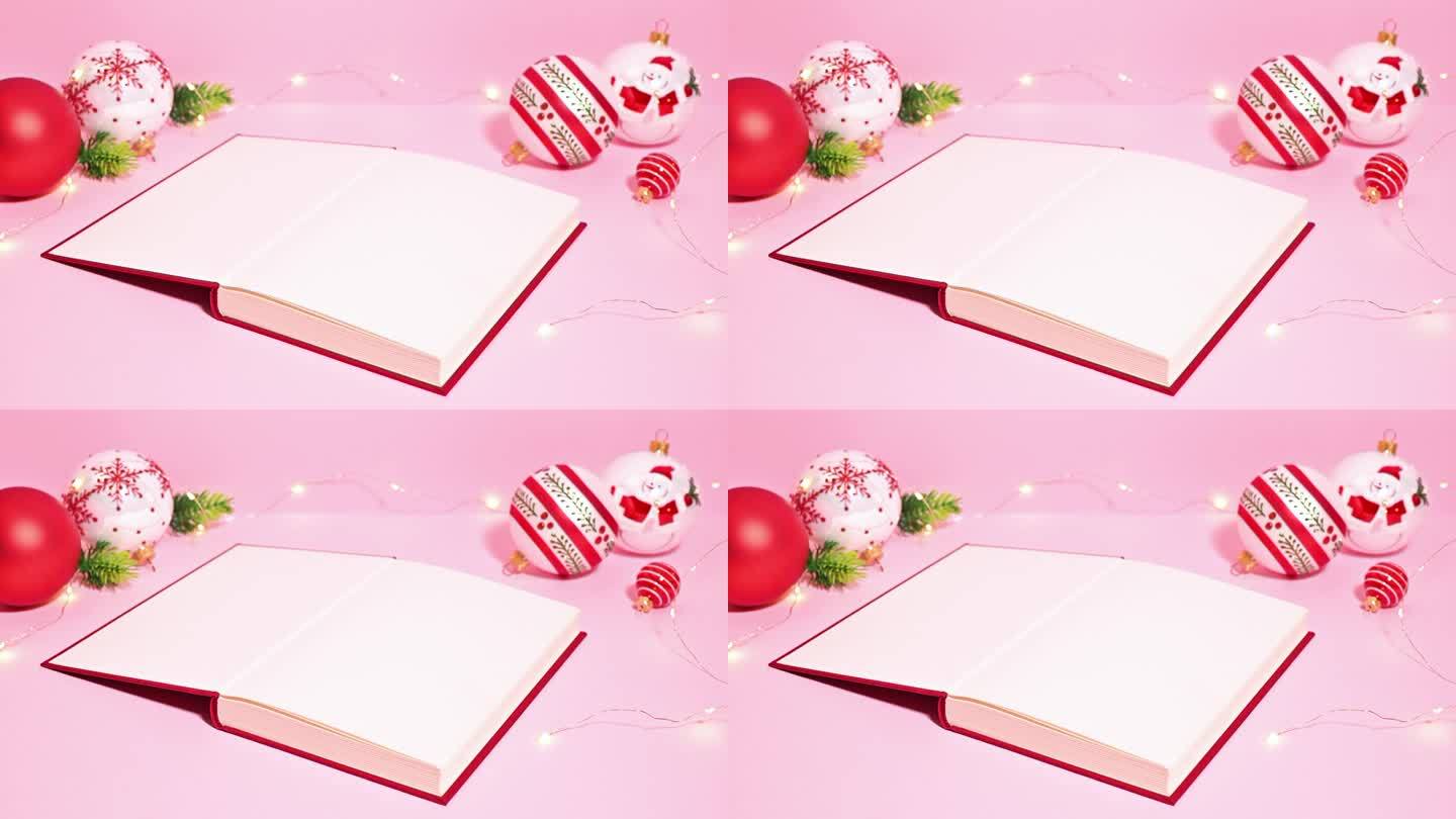 圣诞红书:一个定格动画视频，一个红色的书打开，露出圣诞装饰品