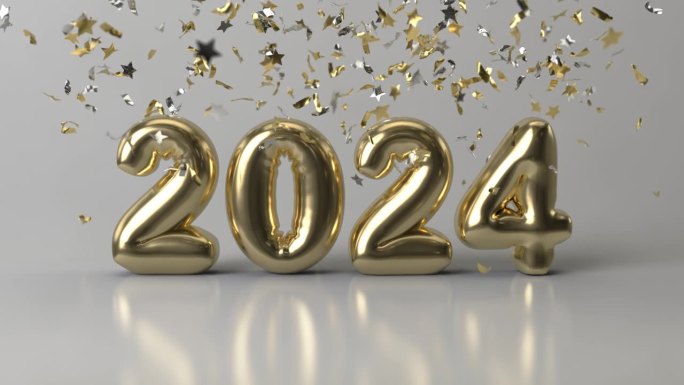 2024年新年快乐的金箔气球和五彩纸屑落在浅灰色的背景上。庆祝新年理念。2024年。