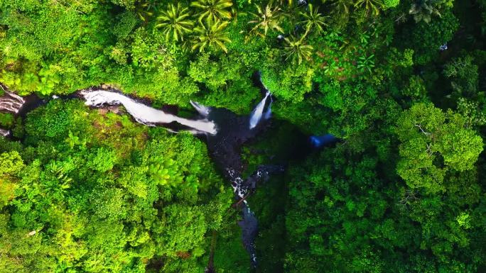 郁郁葱葱的雨林悬崖与斐济瀑布落在游泳池，巴厘岛。
