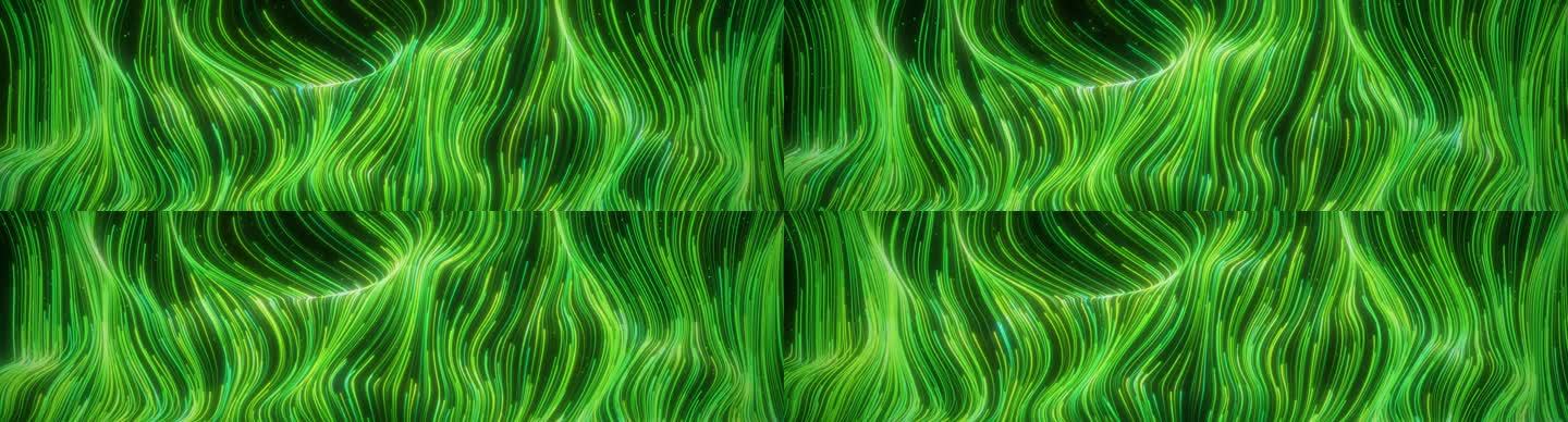 绿色弯曲粒子线条流动