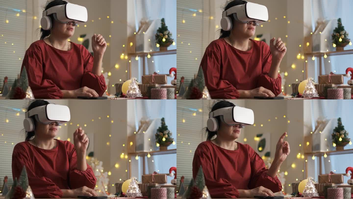 一名女子在节日期间使用虚拟现实眼镜网购圣诞礼物