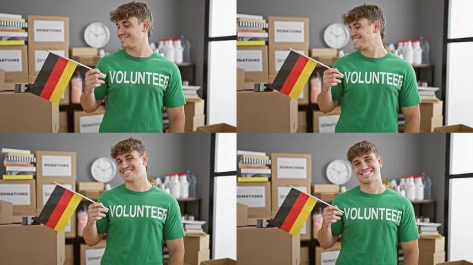 暖心的肖像，微笑的年轻西班牙人，一个慈善中心的志愿者，自豪地举着德国国旗