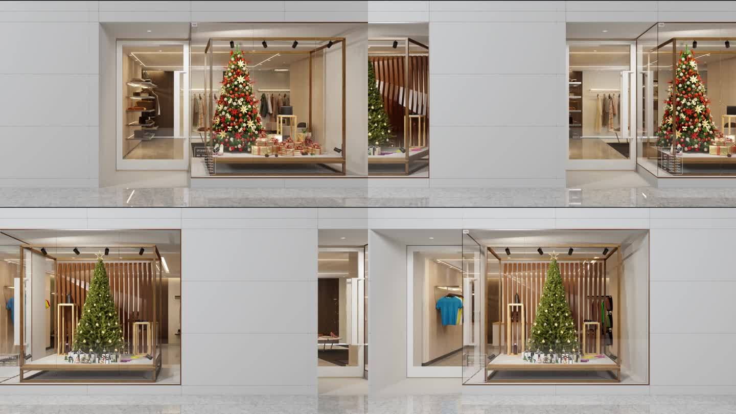 服装店的外观，有圣诞树，装饰品和礼品盒陈列在橱窗里