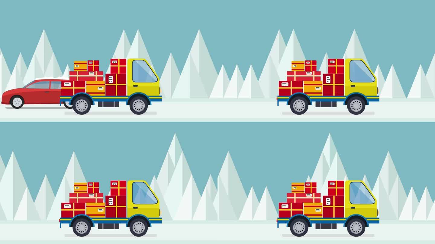 大包裹在一辆卡车上，在路上运送圣诞节的盒子在山与雪。动画演示