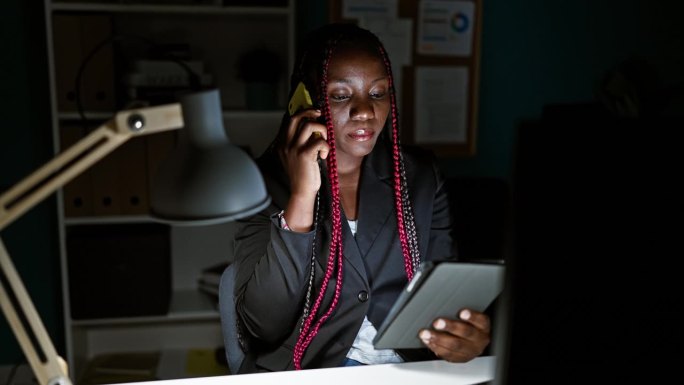 非裔美国女老板用智能手机谈生意，在办公室内部用触控板工作