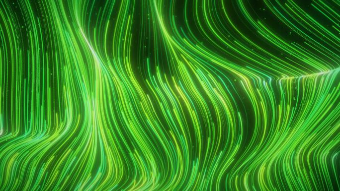 绿色弯曲粒子线条流动