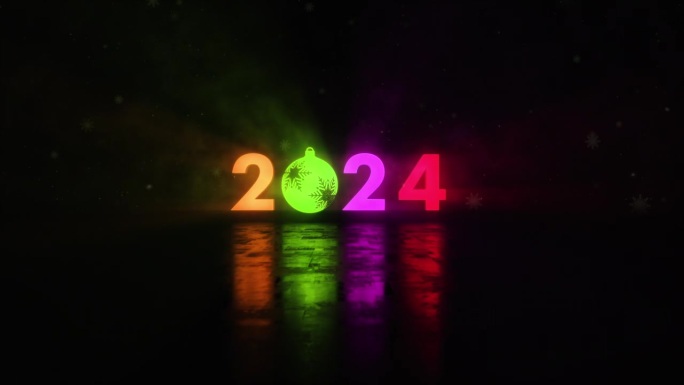 2024新年快乐发光彩色霓虹文字效果与圣诞球动画电影标题黑色抽象背景。片尾盖为片尾预告片冬雪，圣诞和