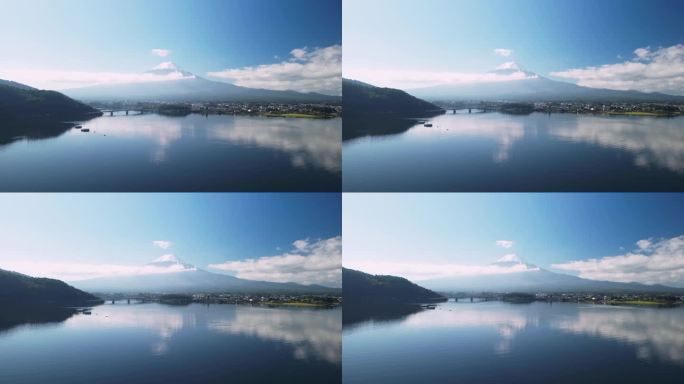 日本富士山和川口湖。无人机的空中和高角度视图。