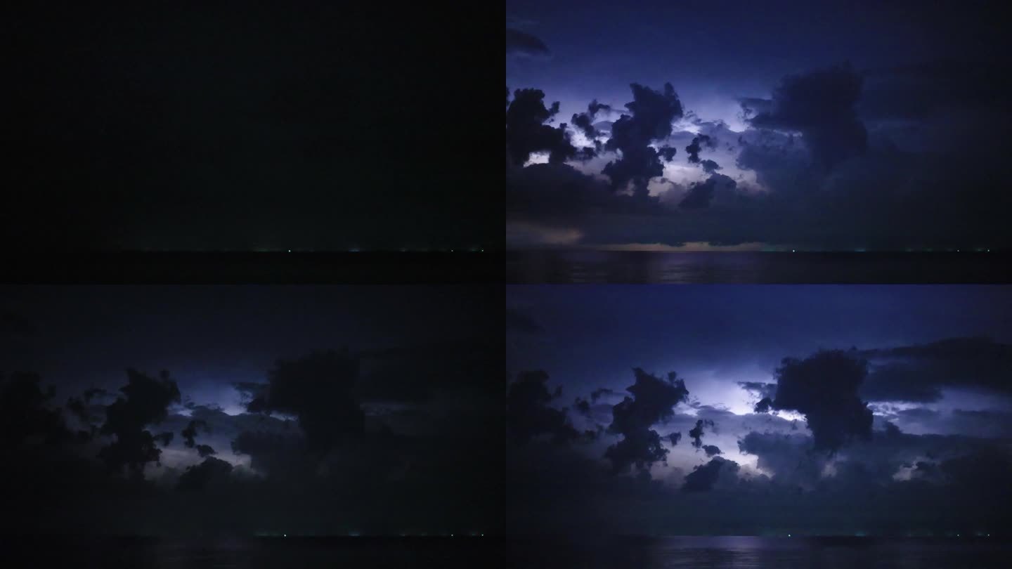 美丽的雷雨，云和闪电在夜晚的海上