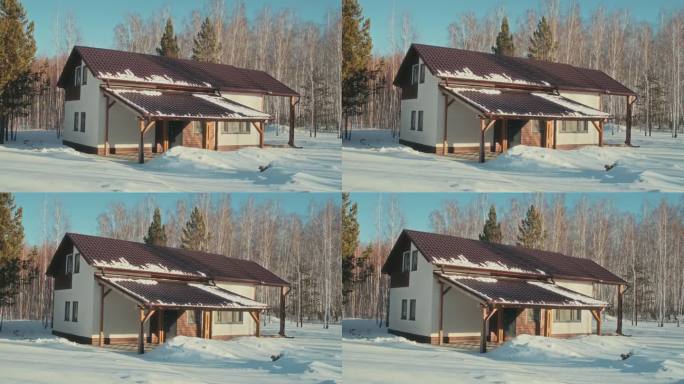 现代森林小屋银装素裹雪地风光白雪覆盖