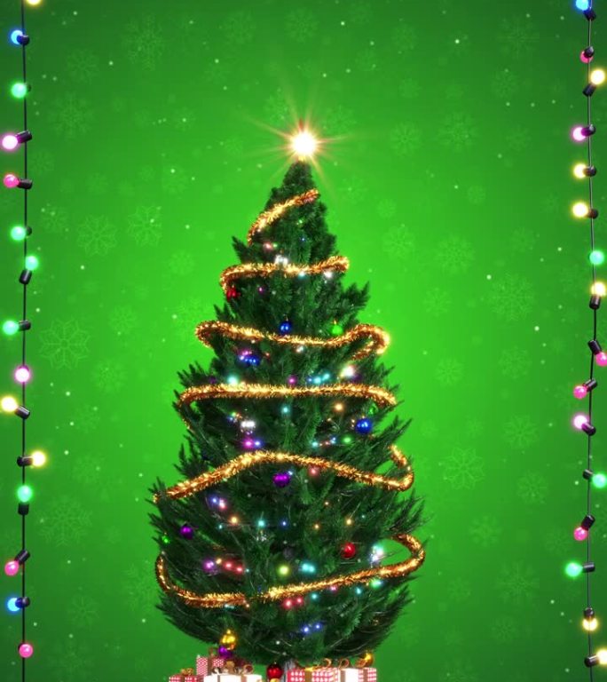 圣诞贺卡与现实的圣诞树和闪烁的光框架在绿色背景垂直格式