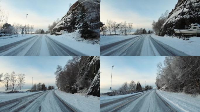 POV汽车在雪中行驶:挪威的山口