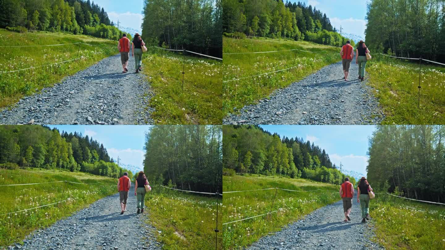 一对美丽的、无法辨认的夫妇在阿尔卑斯山山上散步。