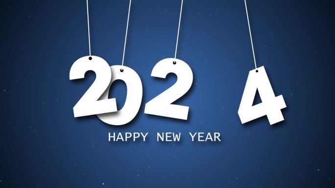 新年快乐2024落在字符串概念与蓝色背景的copyspace