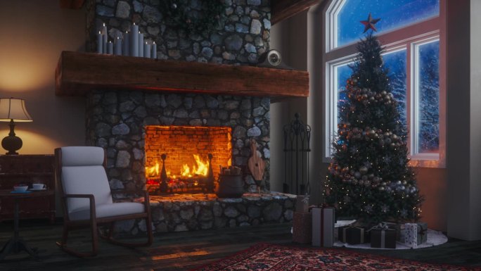 舒适的小屋内部与壁炉在圣诞夜无缝循环