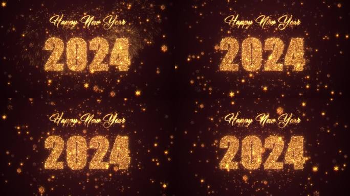 新年快乐2024与闪闪发光的雪花星场在红色背景和金色文字