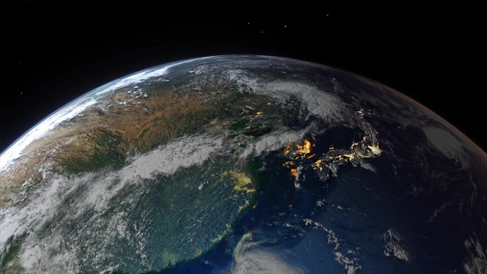 从太空飞越东亚的真实地球日落