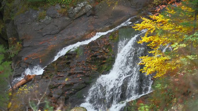 保加利亚皮林公园的尤伦斯科克瀑布，秋天的明亮色彩在漫射的黄昏阳光下