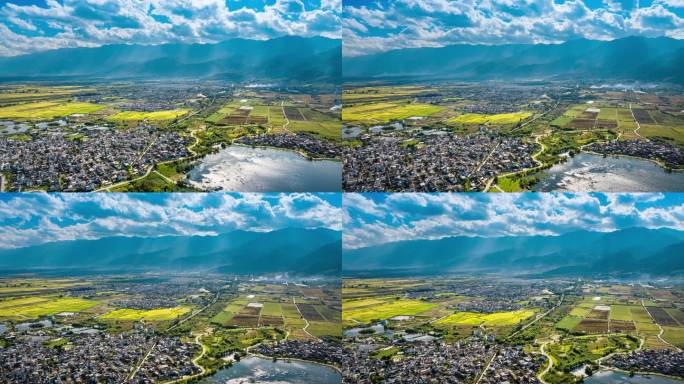 云南大理喜洲古镇航拍云层丁达尔风光