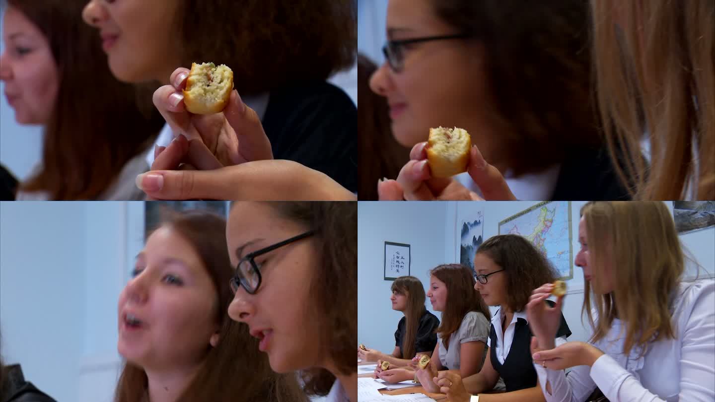 中秋节外国人外国学生吃月饼 学习中国文化