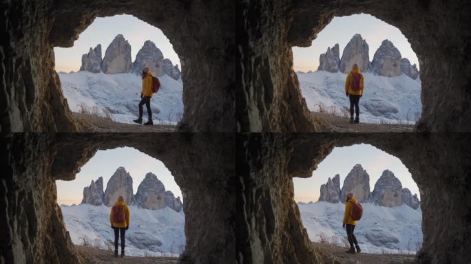 冬天里洞穴里的女人，以拉瓦雷多树为背景