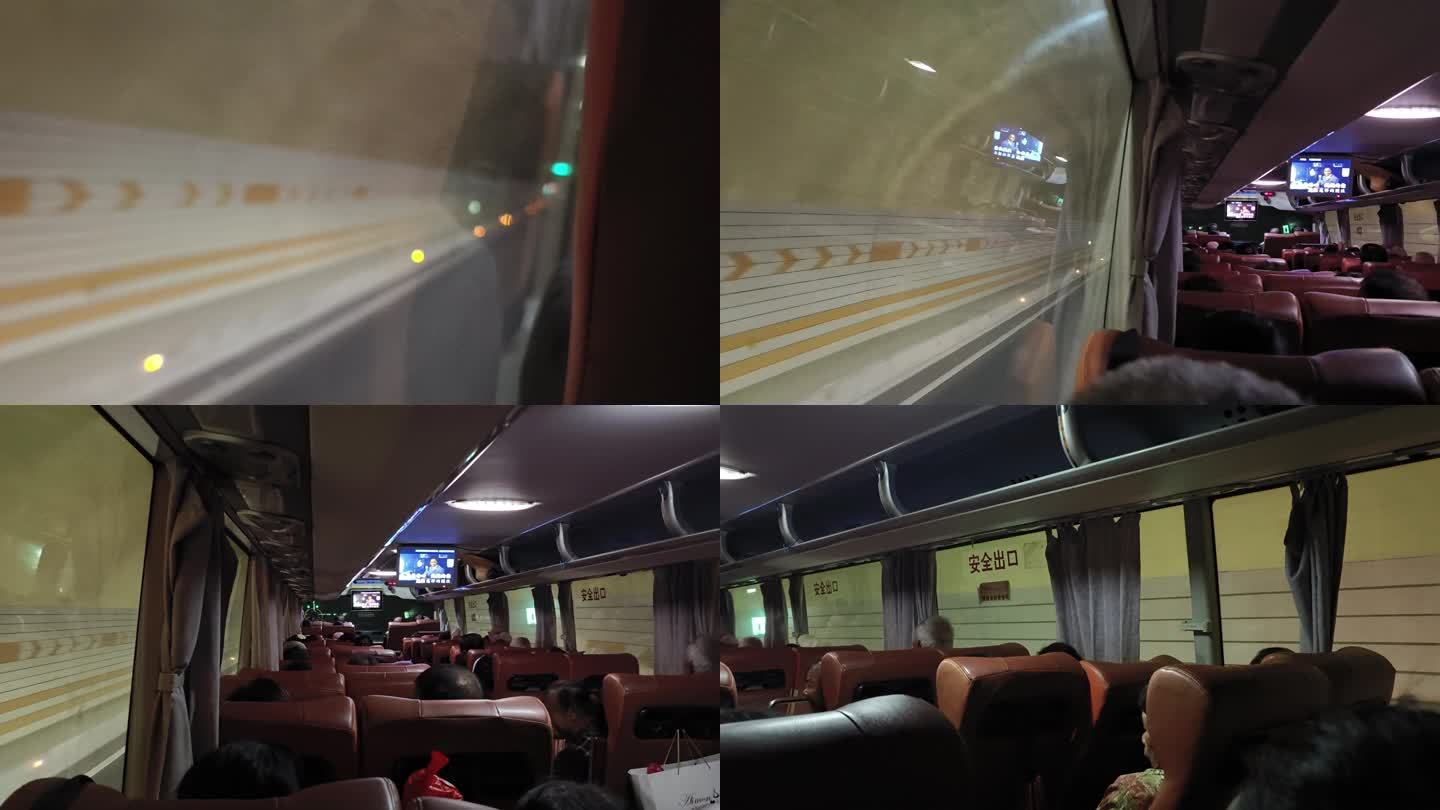 夜晚客车驶入隧道大巴车内光影高速晚上开车