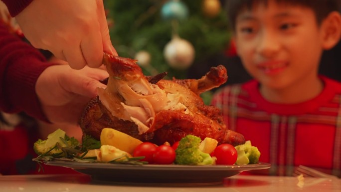 圣诞节有烤鸡，两个孩子在家吃烤鸡