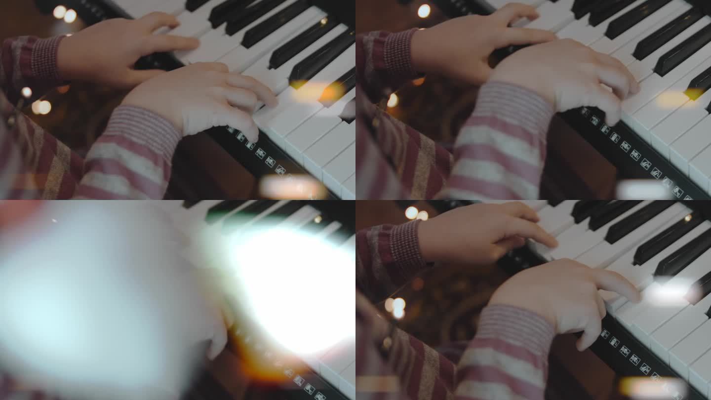 小女孩在家里的圣诞晚会上弹奏电子琴。变形镜头光晕。