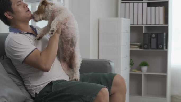 年轻的亚洲男子带着宠物狗在客厅的沙发上寻求帮助，爱和照顾。一个快乐的人躺在沙发上，亲吻小狗，和小狗玩
