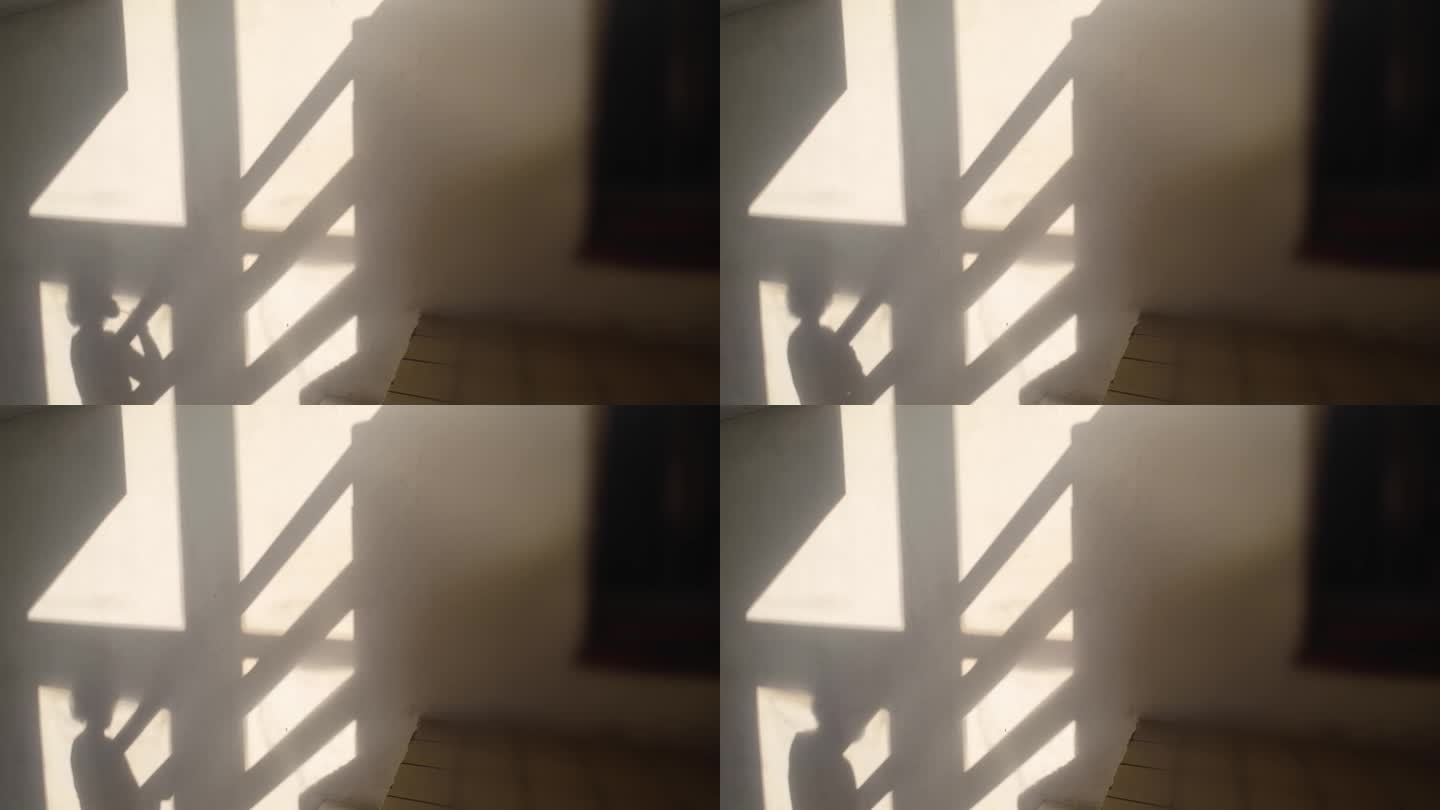 单身女人在家里打扫楼梯的影子