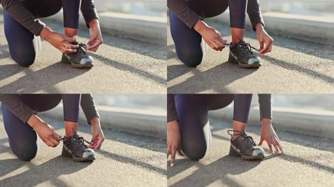 妇女，健身和手系鞋跑步，锻炼或户外运动沥青，道路或街道。积极的女性，运动员或跑步者在准备有氧运动或跑
