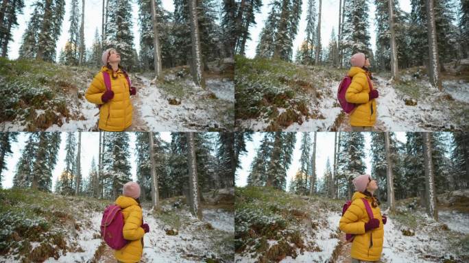 冬天在白雪覆盖的白云石徒步旅行的妇女