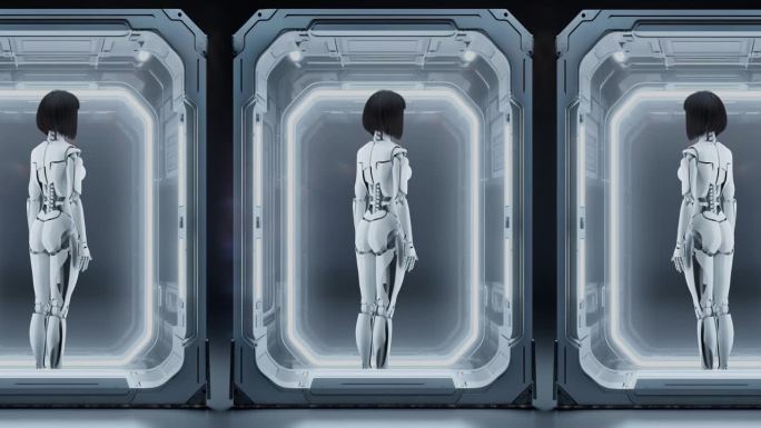 半机械人女孩站在她们失去活性的细胞里。