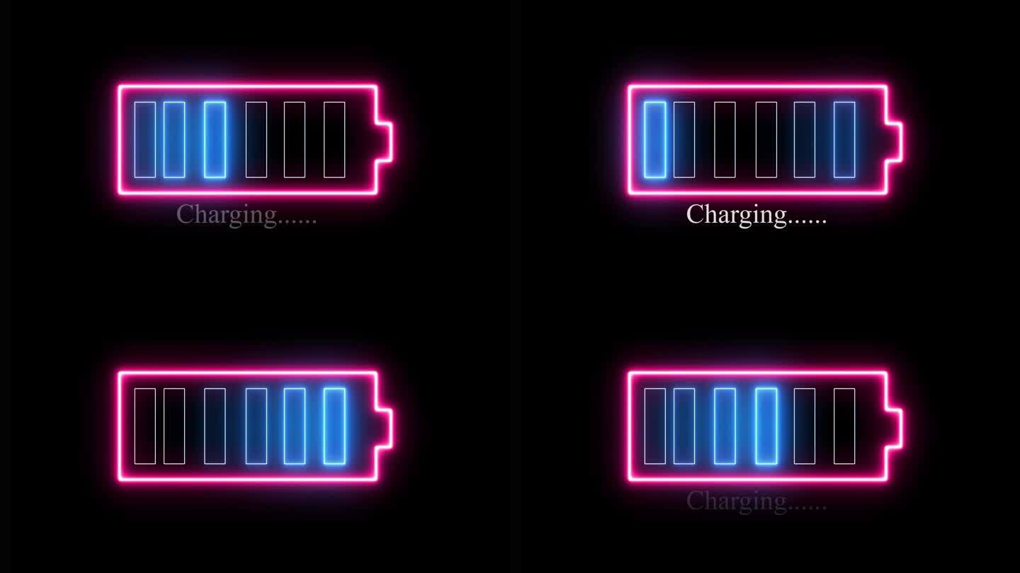 电池充电霓虹灯。抽象电池与充电符号在未来的发光多边形风格。霓虹电池图标。矢量图