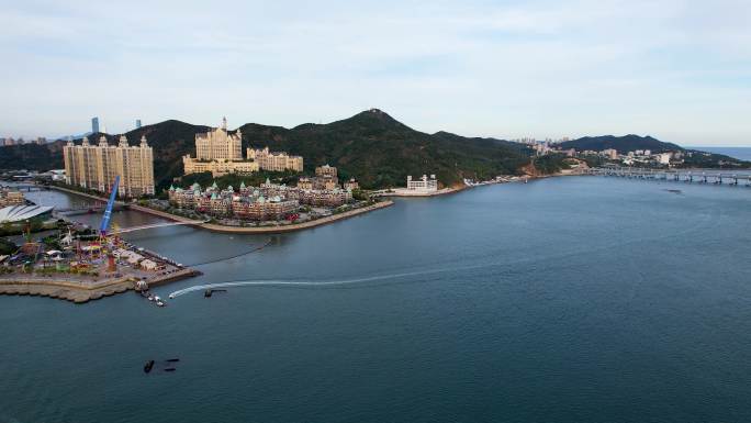 大连星海湾跨海大桥夕阳城市滨海风光航拍