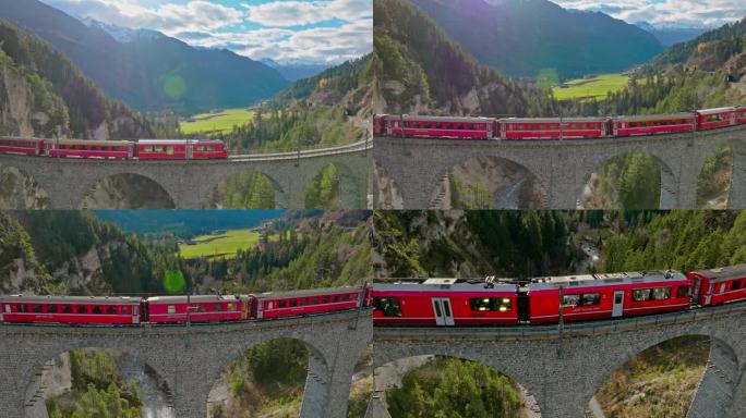 Landwasser高架桥与冰川和伯尔尼纳快车在瑞士秋天