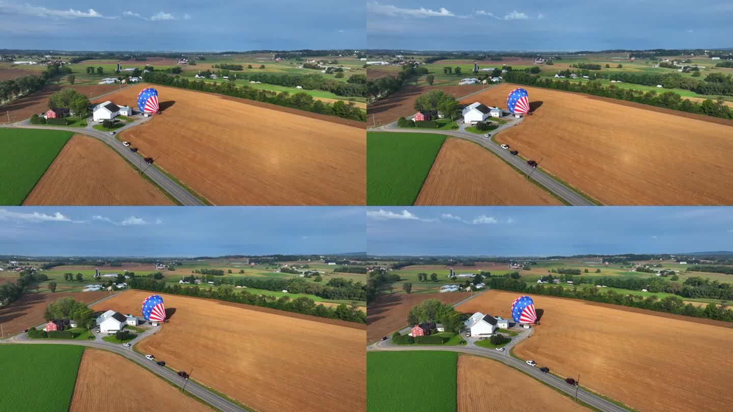 美国热气球降落在美国宾夕法尼亚州乡下的麦田上的鸟瞰图