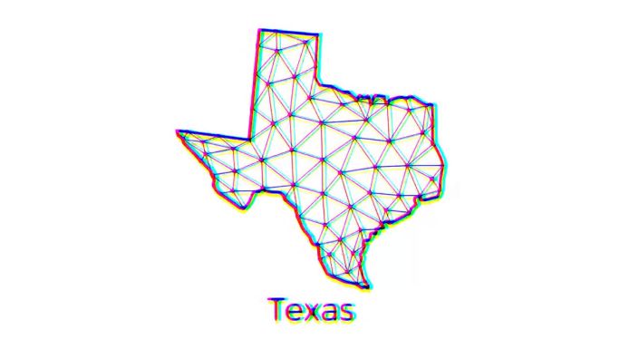 德克萨斯州地图动画在多边形风格与故障效果，4k分辨率视频，美国各州运动图形