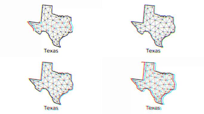 德克萨斯州地图动画在多边形风格与故障效果，4k分辨率视频，美国各州运动图形