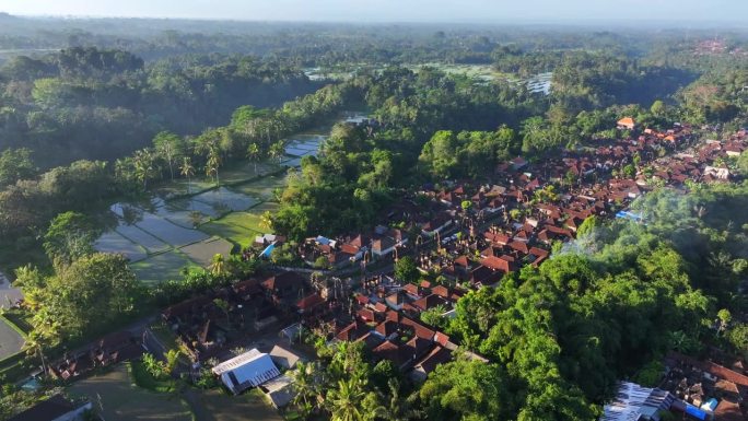 西巴都村，巴厘岛的吉安雅摄政。从无人机上看平面图，传统的住宅建筑群沿着笔直的道路建造