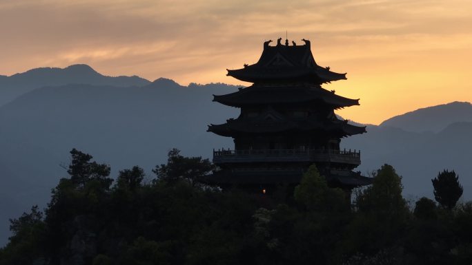 航拍夜景松阳独山阁楼