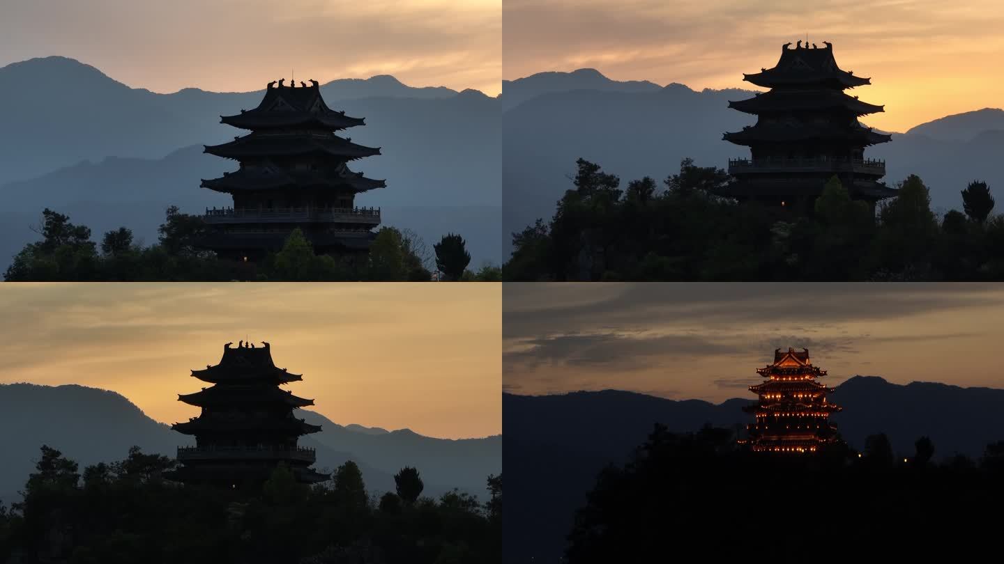 航拍夜景松阳独山阁楼