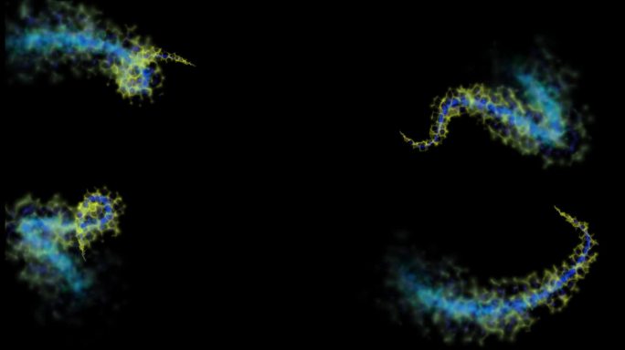 4K美丽的发光魔法粒子跟踪动画在黑色背景。蓝色和绿色粒子尾随。