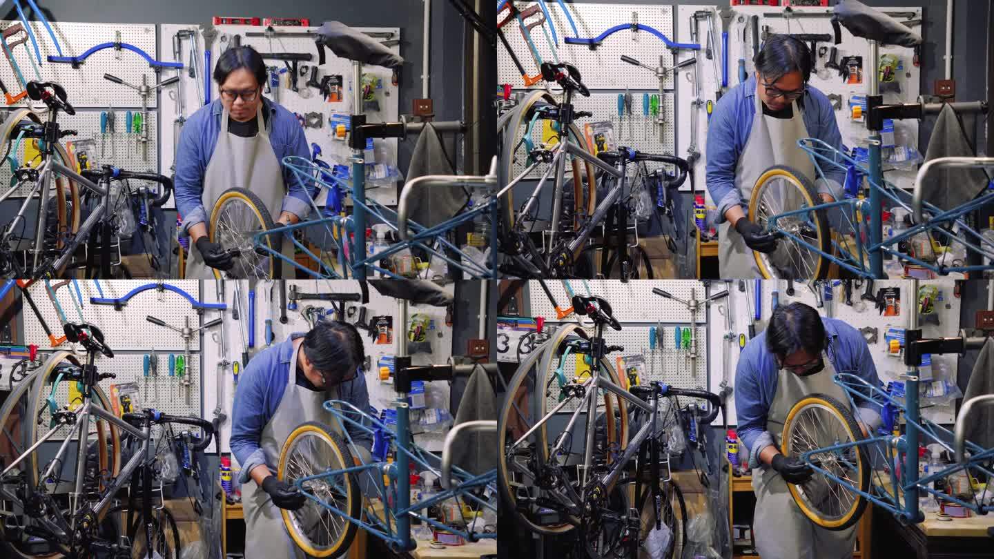 专业的自行车修理工为客户修理和组装自行车