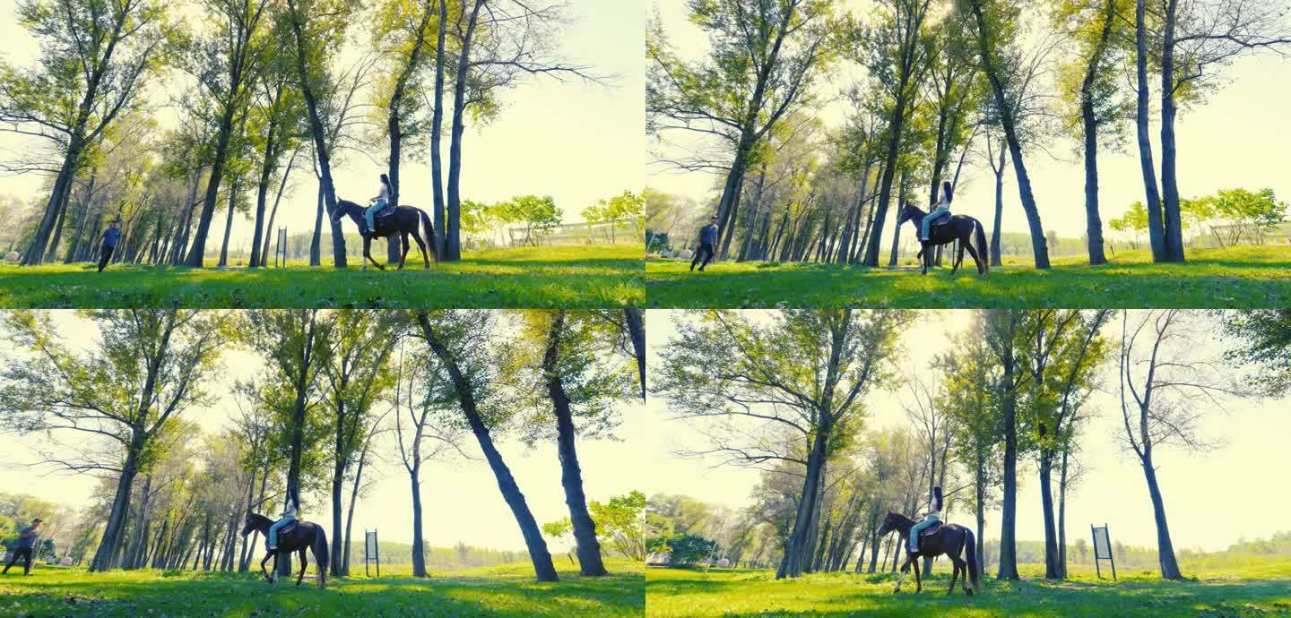 女孩在树林里骑马