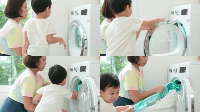 妈妈和一个小男孩从洗衣机里拿出衣服