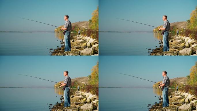 一个成年男子用纺丝竿钓鱼的全景图。