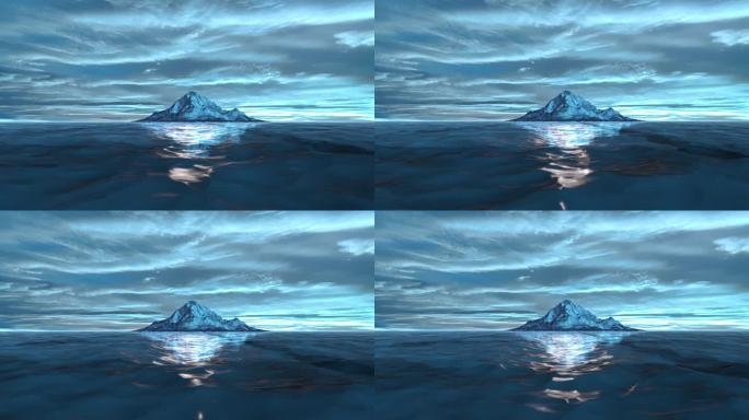 3D渲染的蓝色大海和发光的蓝色山丘与反射在水面上